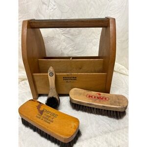 Vintage Esquire Footman De Luxe Wooden Shoe Shine Valet Caddy with 3 Brushes